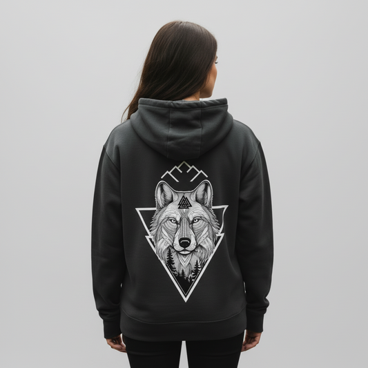 Eine Frau trägt einen veganen Hoody mit Wolf Motiv