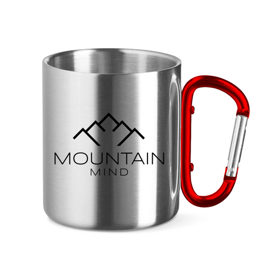 Edelstahl Tasse mit rotem Griff und Mountain Mind Logo