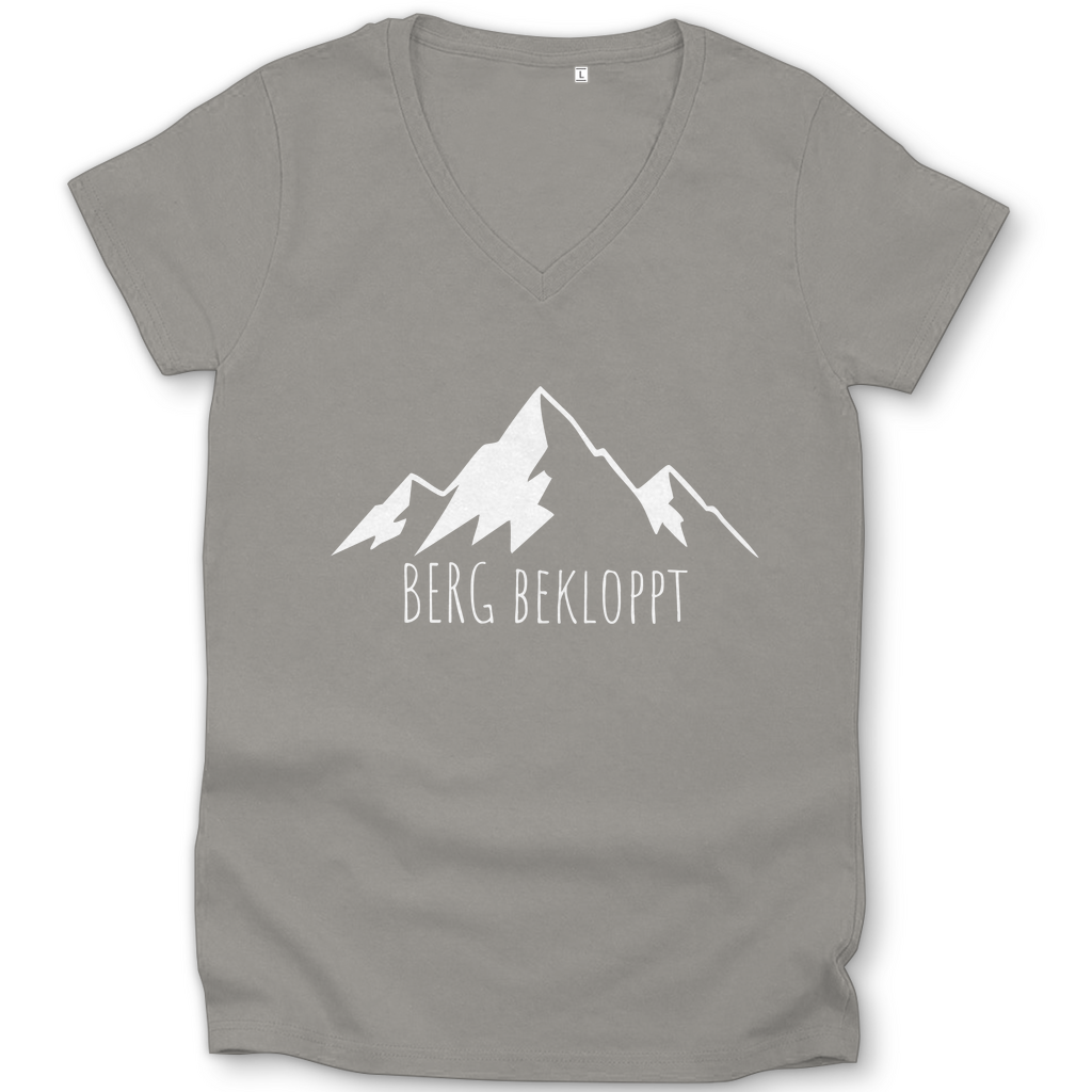 graues Damen V-Neck Shirt mit Berg Bekloppt Motiv