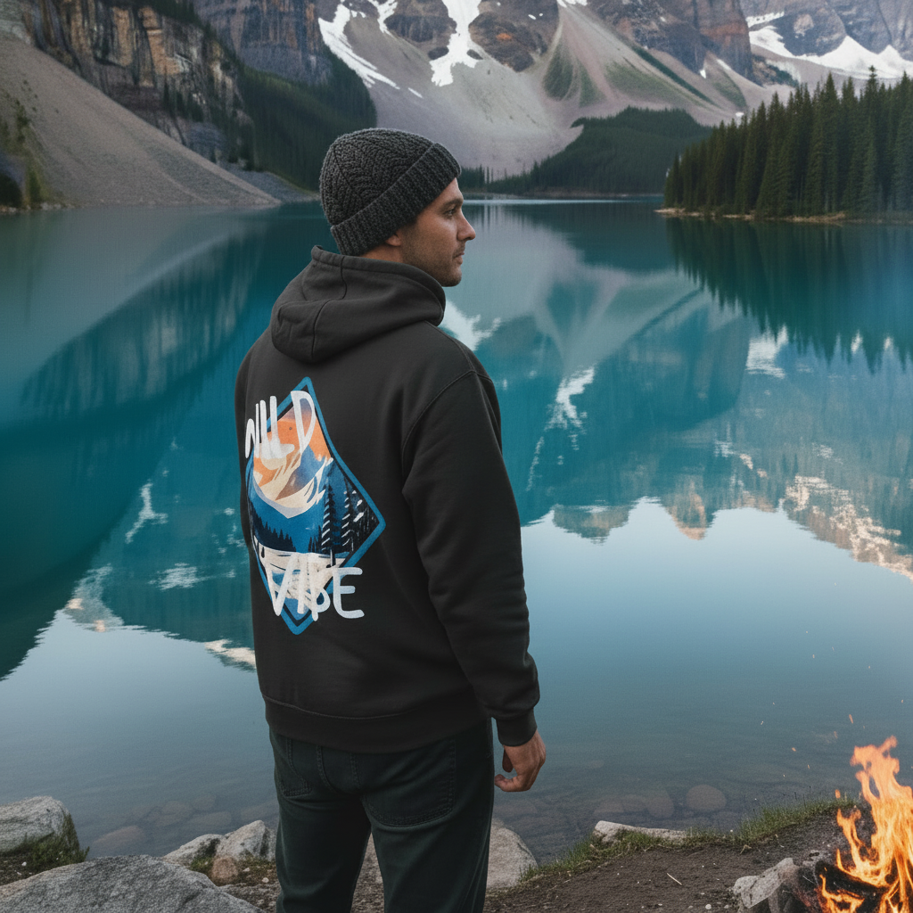 Ein Mann trägt den Wild Vibe Blue Hoodie