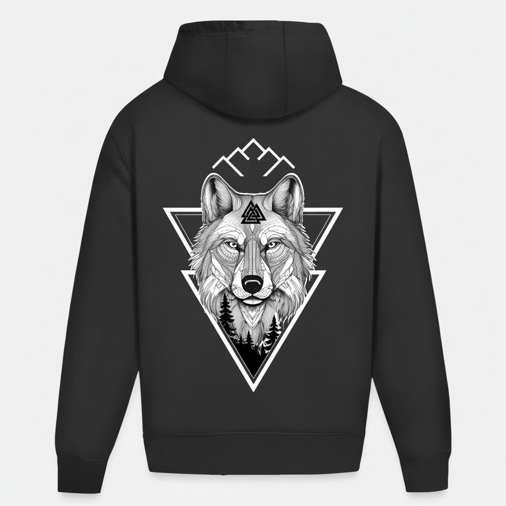 veganer Hoodie Mountain Mind Wolf Motiv