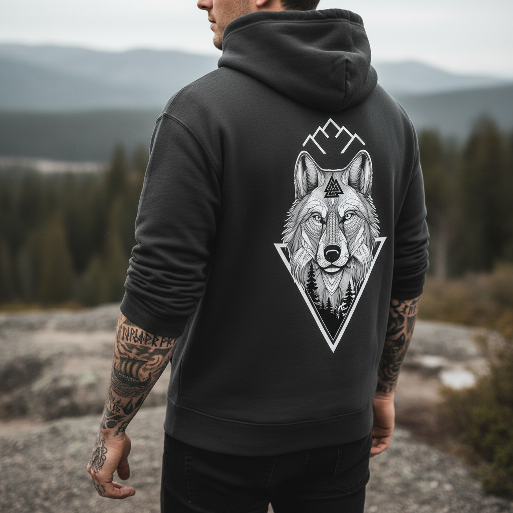 Ein Mann hat einen Mountain Mind Pullover an