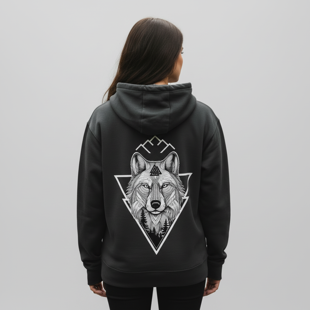 Eine Frau trägt einen veganen Hoody mit Wolf Motiv