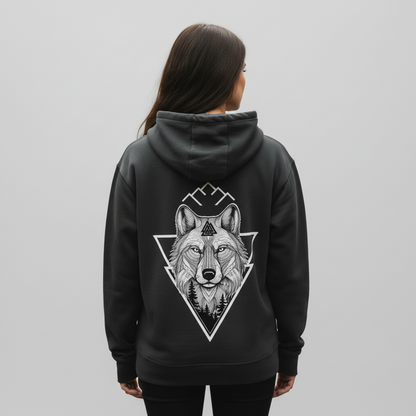 Eine Frau trägt einen veganen Hoody mit Wolf Motiv