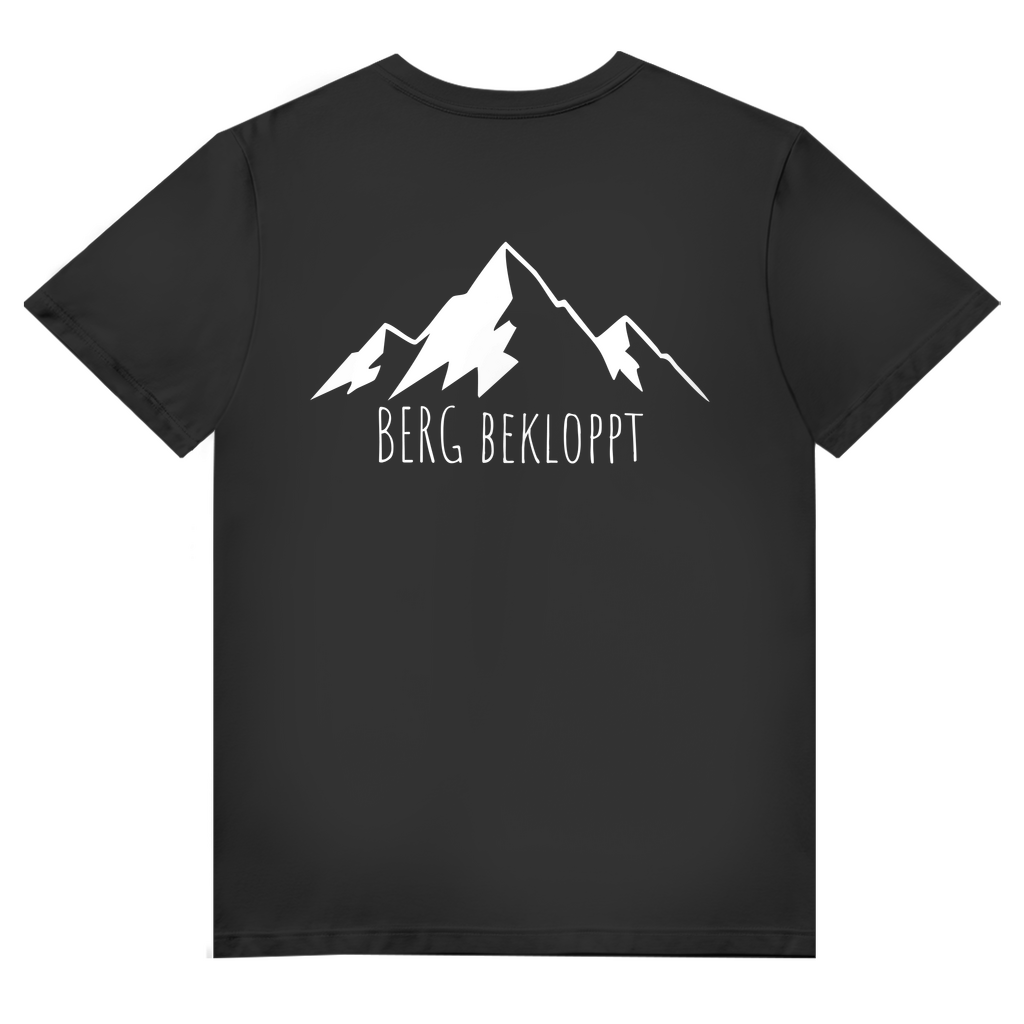 schwarzes Rundhalstshirt mit weissem Berg Bekloppt Motiv auf der Brust