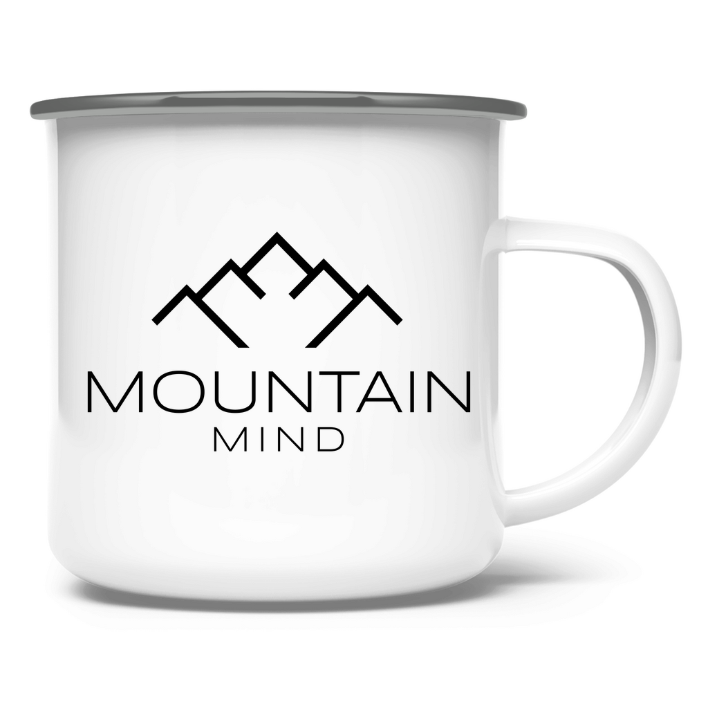 weiße Emaille Tasse mit Mountain Mind Logo
