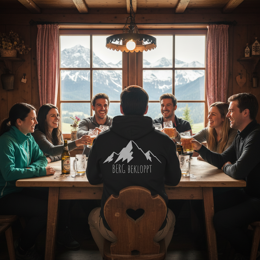 Ein Mann sitzt am Tisch mit seinen Freunden und hat den schwarzen Berg Bekloppt Hoddie an