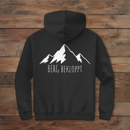 EIn schwarzer Hoodie mit Berg Bekloppt Design auf der Rückseite