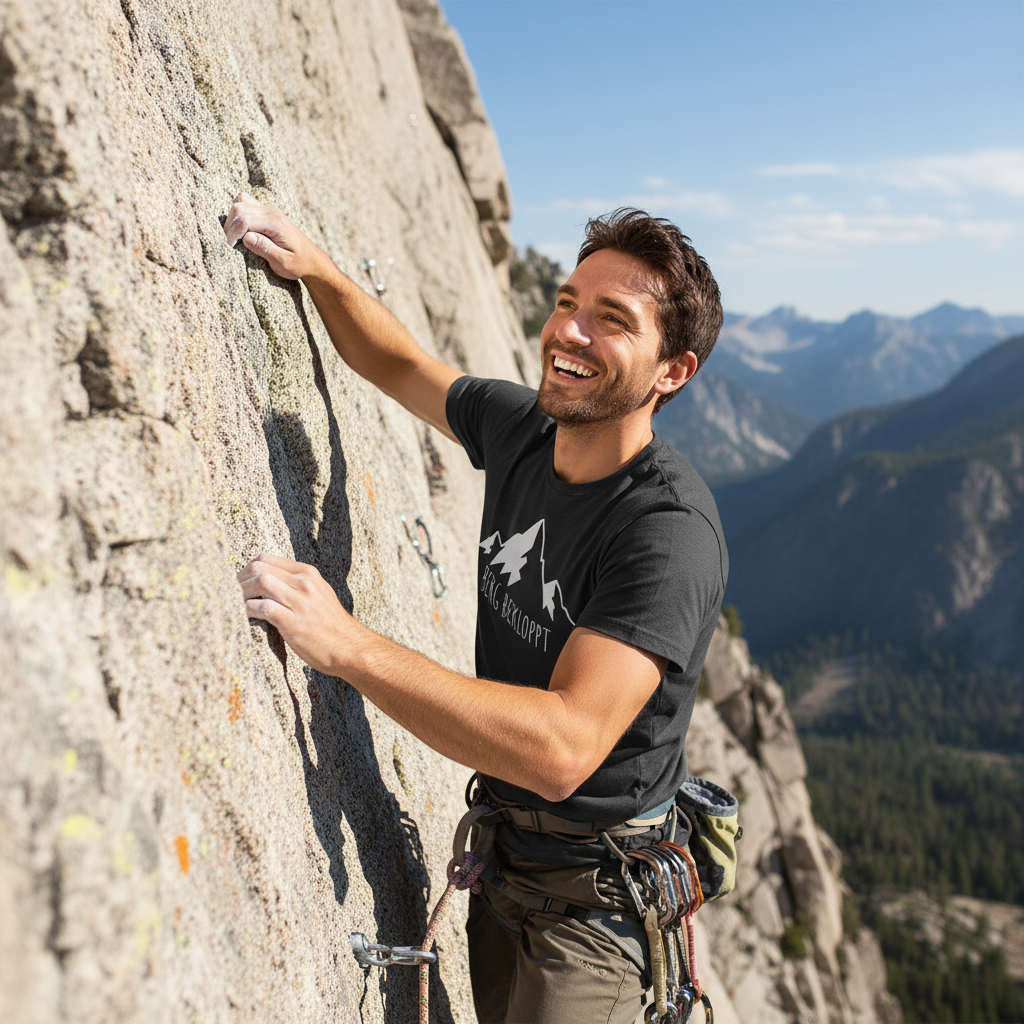 Ein Mann klettert eine Steilwand hoch und trägt dabei ein schwarzes Tshirt mit Berg Bekloppt Motiv