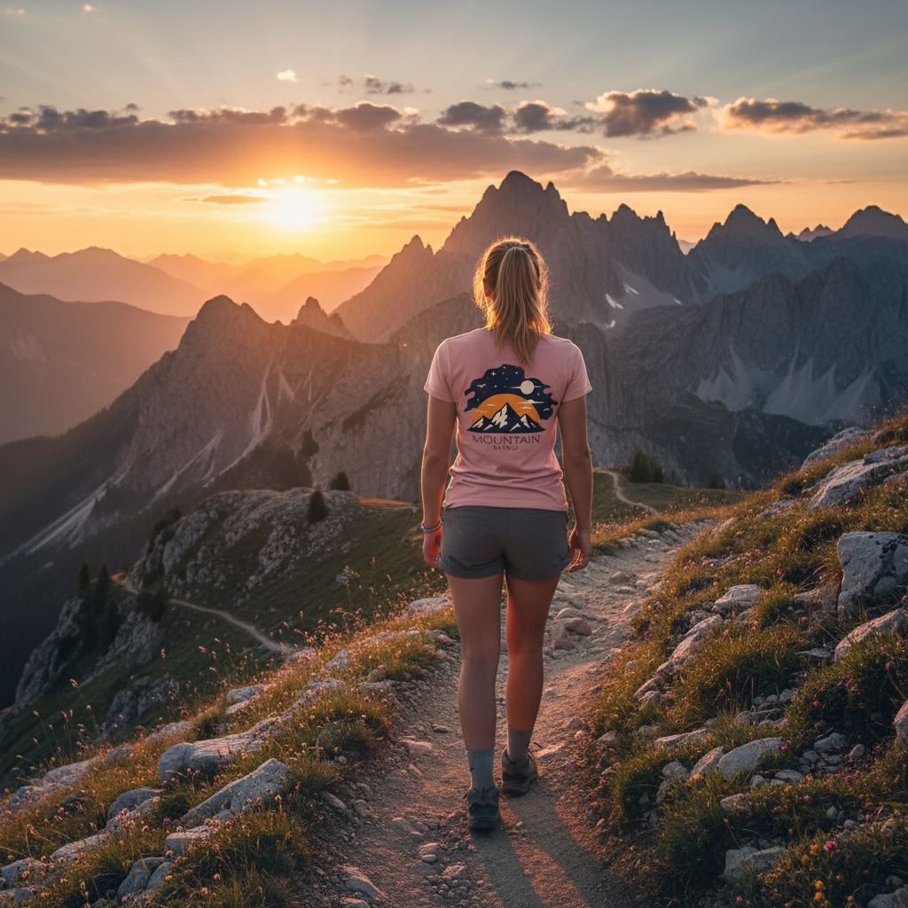 Eine Frau wandert in den Bergen und trägt ein rosanes Moon Mountain Mind T-shirt