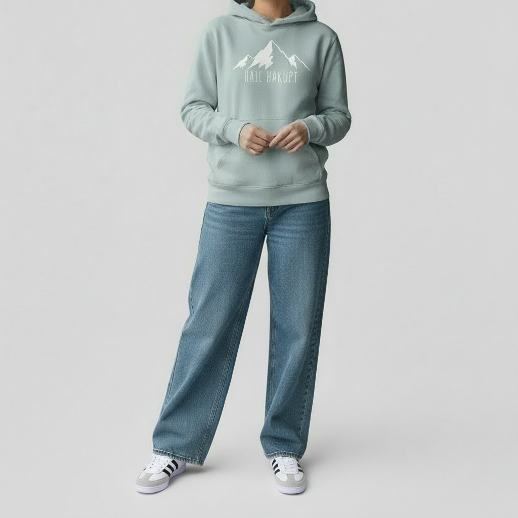 Hellblauer Hoodie mit Bändeln und Berg Bekloppt Motiv