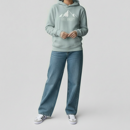 Hellblauer Hoodie mit Bändeln und Berg Bekloppt Motiv