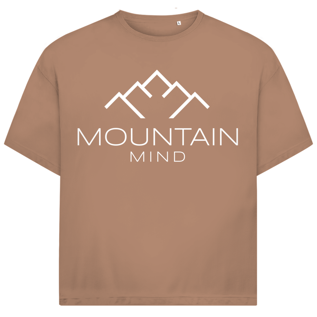 beiges Tshirt mit Rundhalsausschnitt und großem weißen Mountain Mind Logo auf der Brust