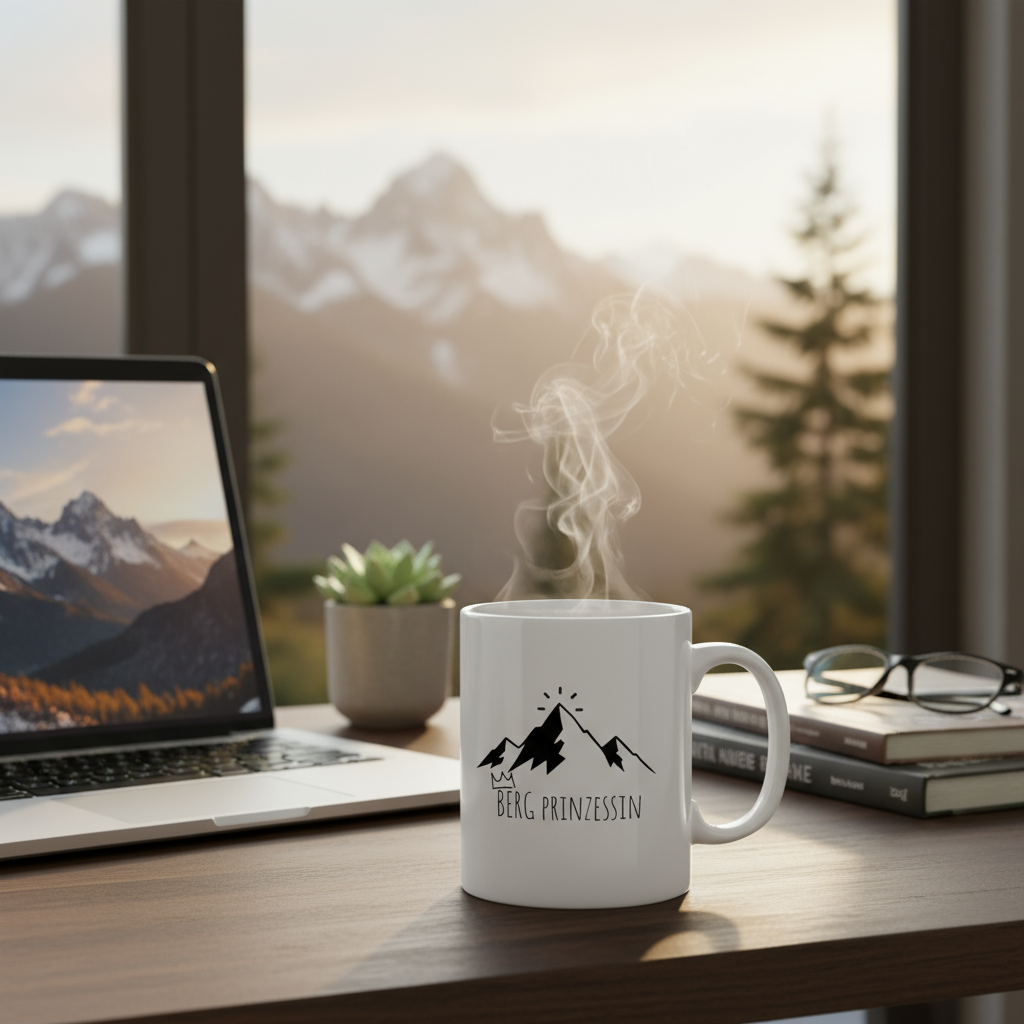 Die Tasse mit Berg Prinzessin Logo steht auf einem Schreibtisch