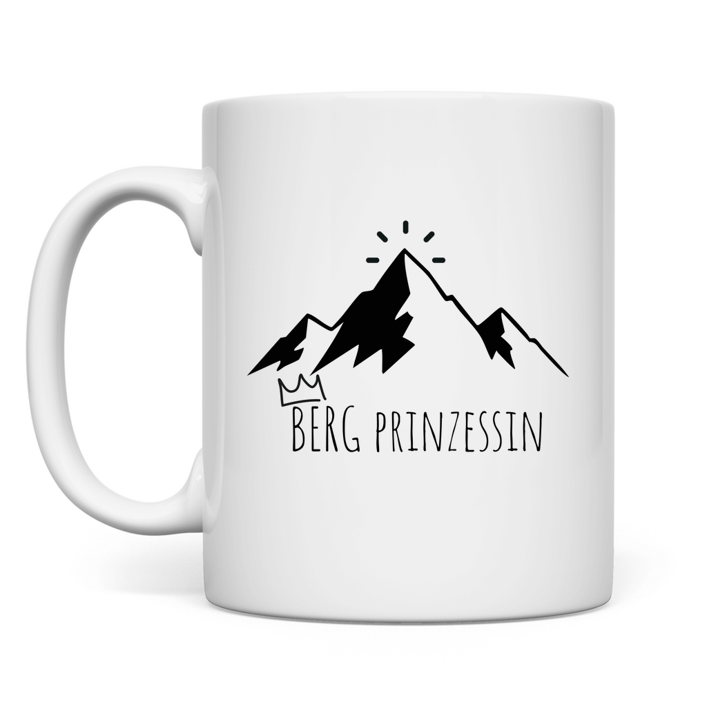 Eine weiße Tasse mit Berg Prinzessin Logo