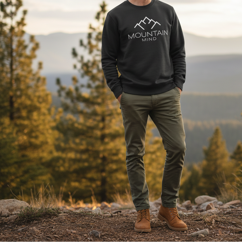 Ein Mann trägt einen Mountain Mind Pullover