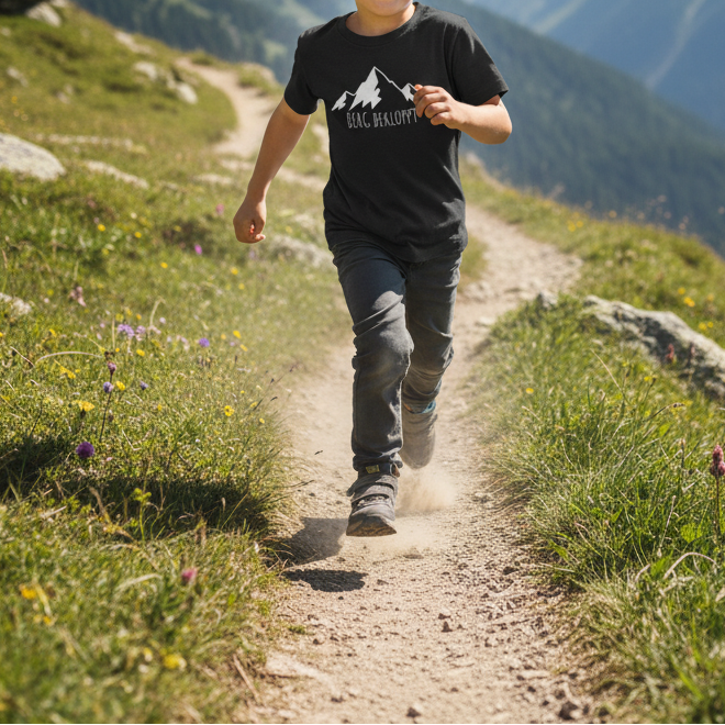 ein kleiner Junge rennt und trägt dabei ein Berg Bekloppt Tshirt