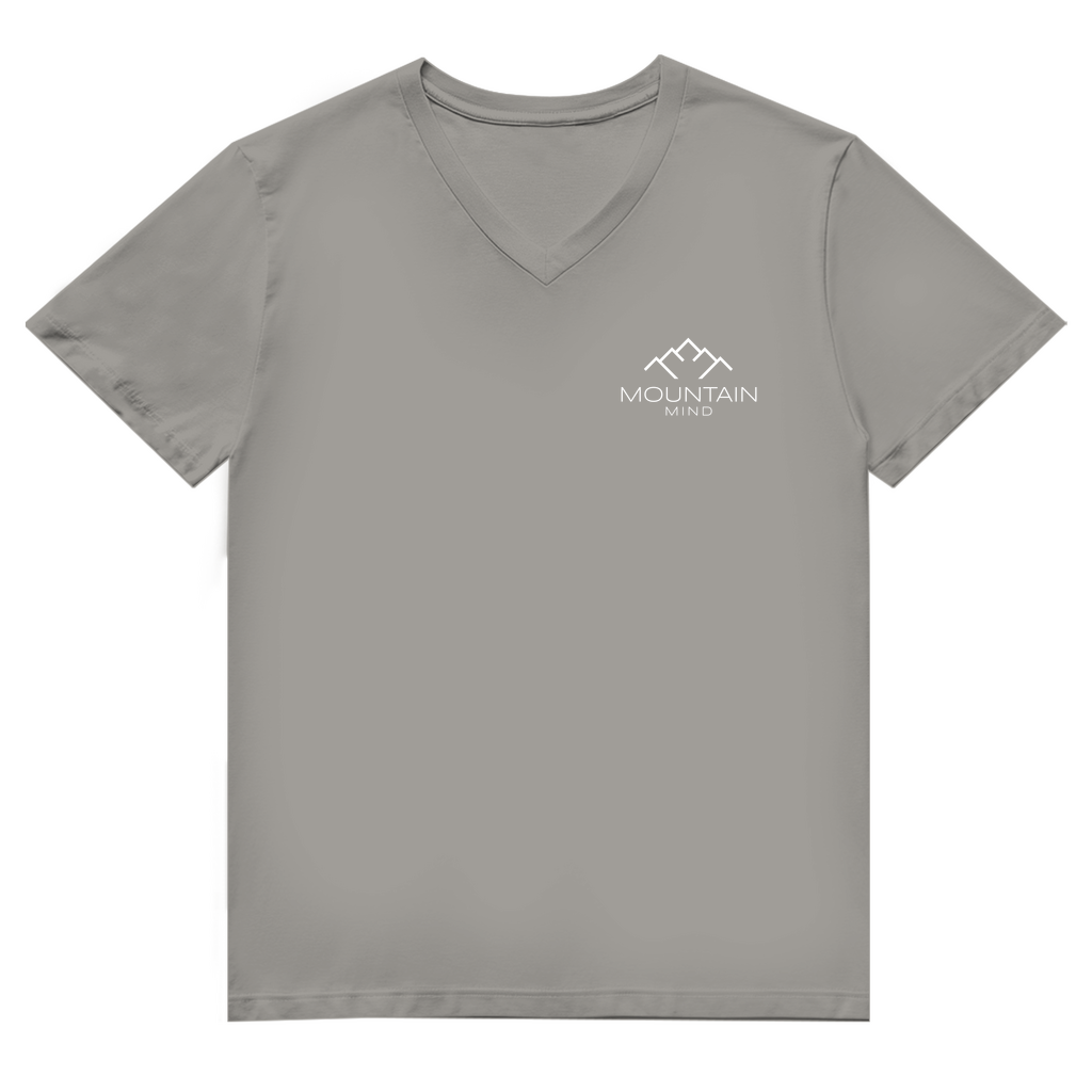graues V-Neck Tshirt mit kleinem Mountain Mind Logo in weiß auf der Brust