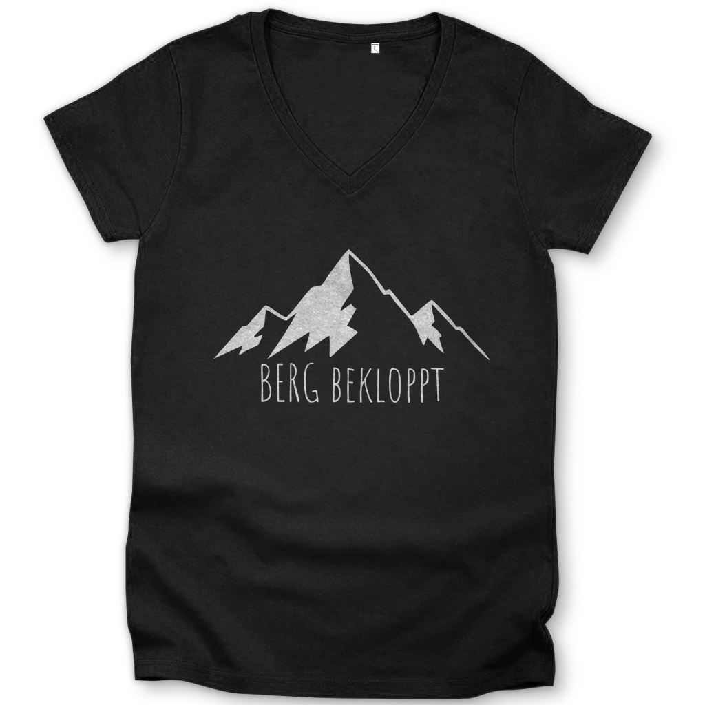 schwarzes Damen V-Neck Shirt mit Berg Bekloppt Motiv