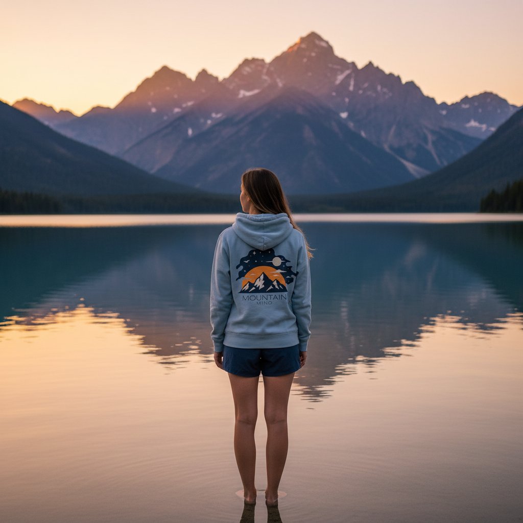 Eine Frau steht an einem See und trägt den hellblauen Moon Mountain Mind Hoodie