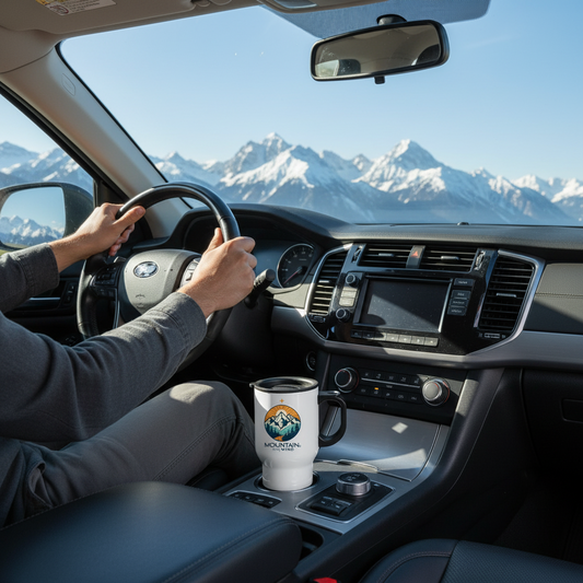 Ein Auto hat den Thermo Becher Mountains in my Head im Becherhalter