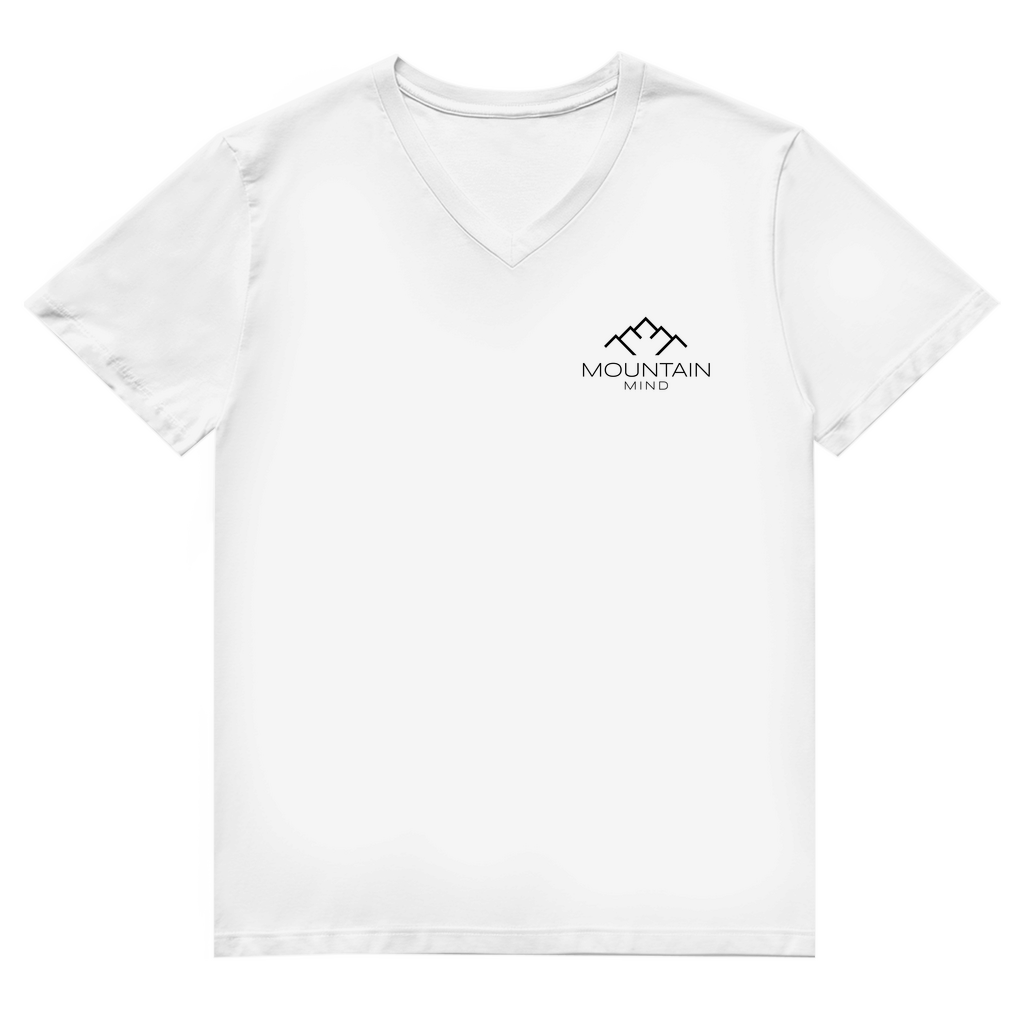 weißes V-Neck Shirt mit kleinem Mountain Mind Logo auf der Brust