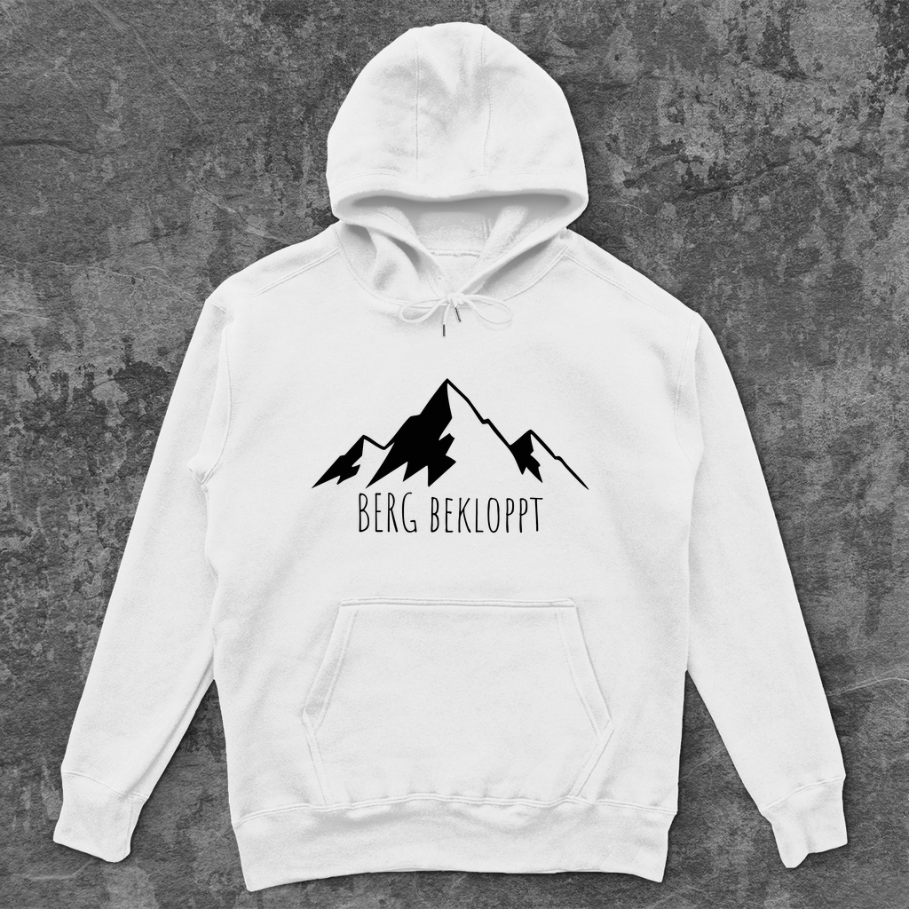 weißer Hoodie mit schwarzem Berg Bekloppt Motiv