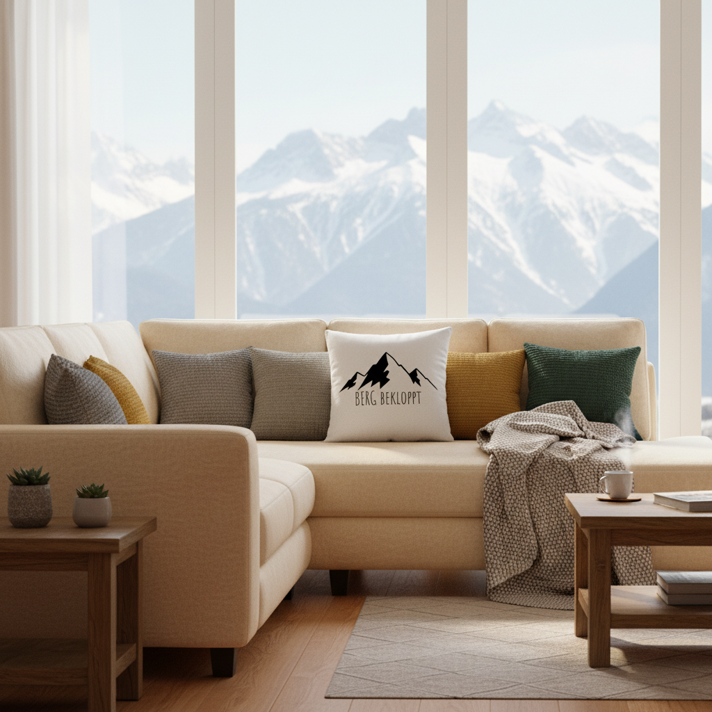 Auf einem Sofa liegt ein Kissen mit Berg Bekloppt Motiv