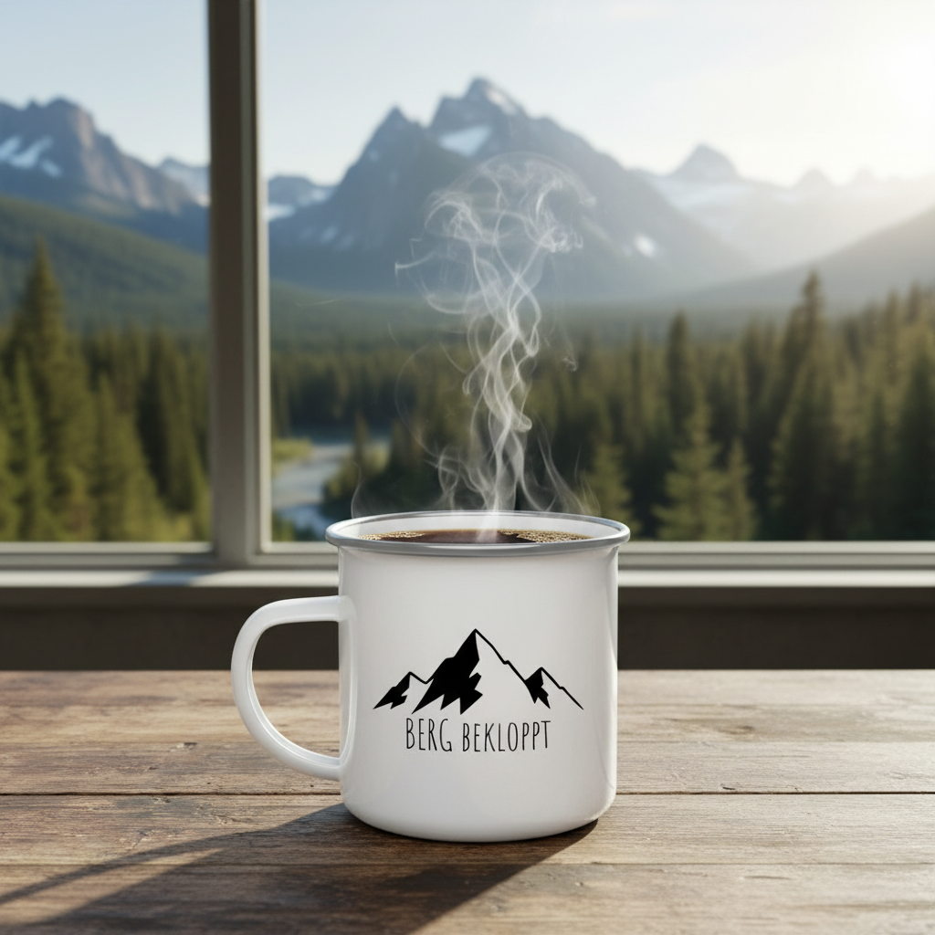 Eine Emaille Tasse steht dampfend auf einem Tisch